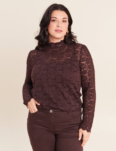 T-shirt cintr&eacute; col montant dentelle marron fonc&eacute; femme