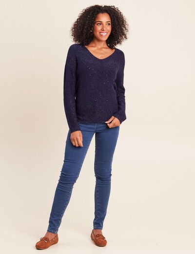 Pull col v manches longues &agrave; sequins bleu marine femme