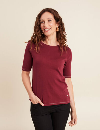 T-shirt ajust&eacute; col rond manches coudes bordeaux femme