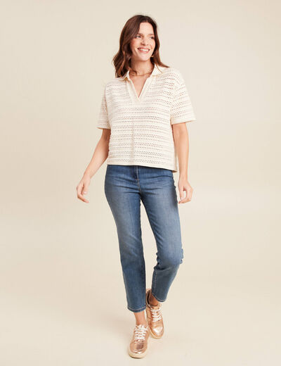T-shirt ample macramé manches courtes ecru femme