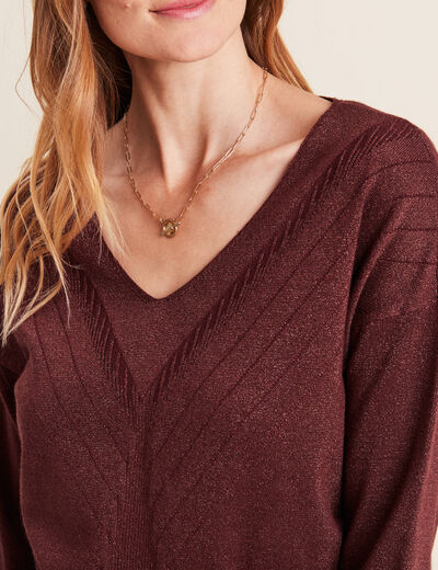 Pull manches longues col en V couleur cuivre femme