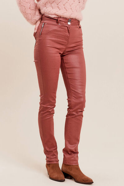 Pantalon ajusté enduit marron cognac femme