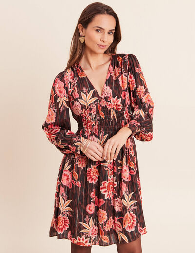 Robe courte &eacute;vas&eacute;e col v manches longues marron femme