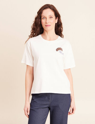 T-shirt avec print et broderie sequins ecru femme