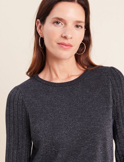 Pull cintr&eacute; col rond manches longues bleu fonc&eacute; femme
