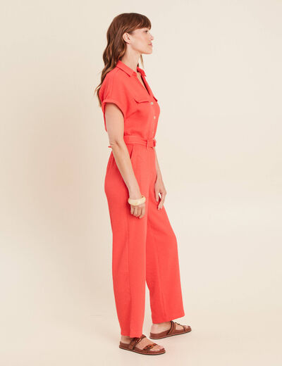 Combinaison fluide boutonnée rouge corail femme