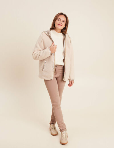 Manteau à capuche laine mouton ecru femme