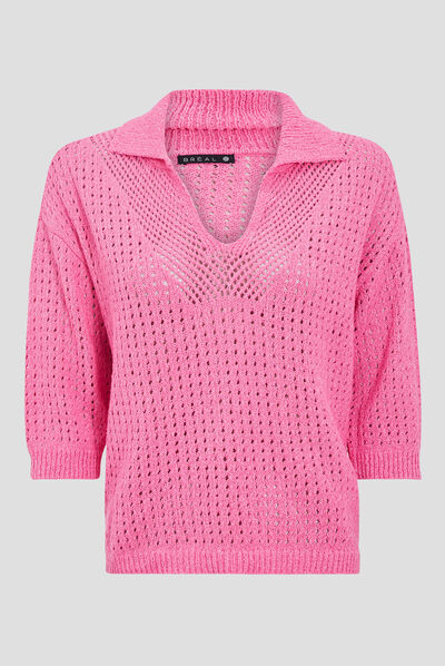 Pull ajouré à manches 3/4 rose fushia femme