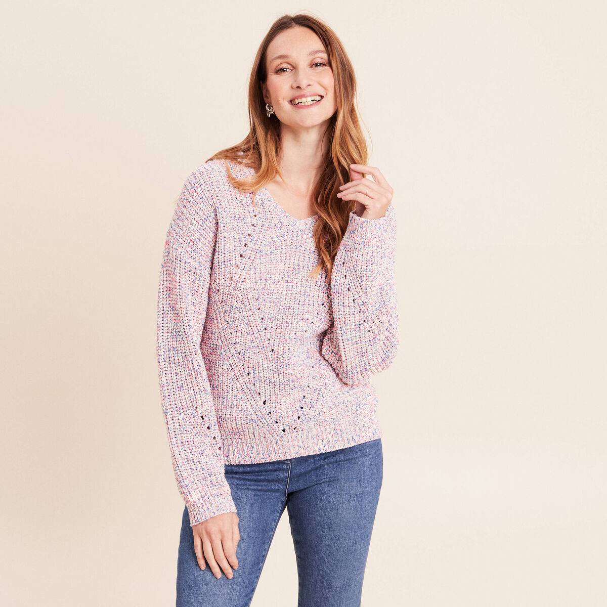 Pull droit long col v manches longues rose fushia femme