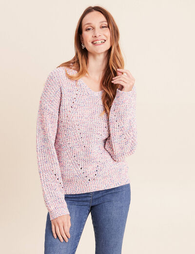 Pull droit long col v manches longues rose fushia femme