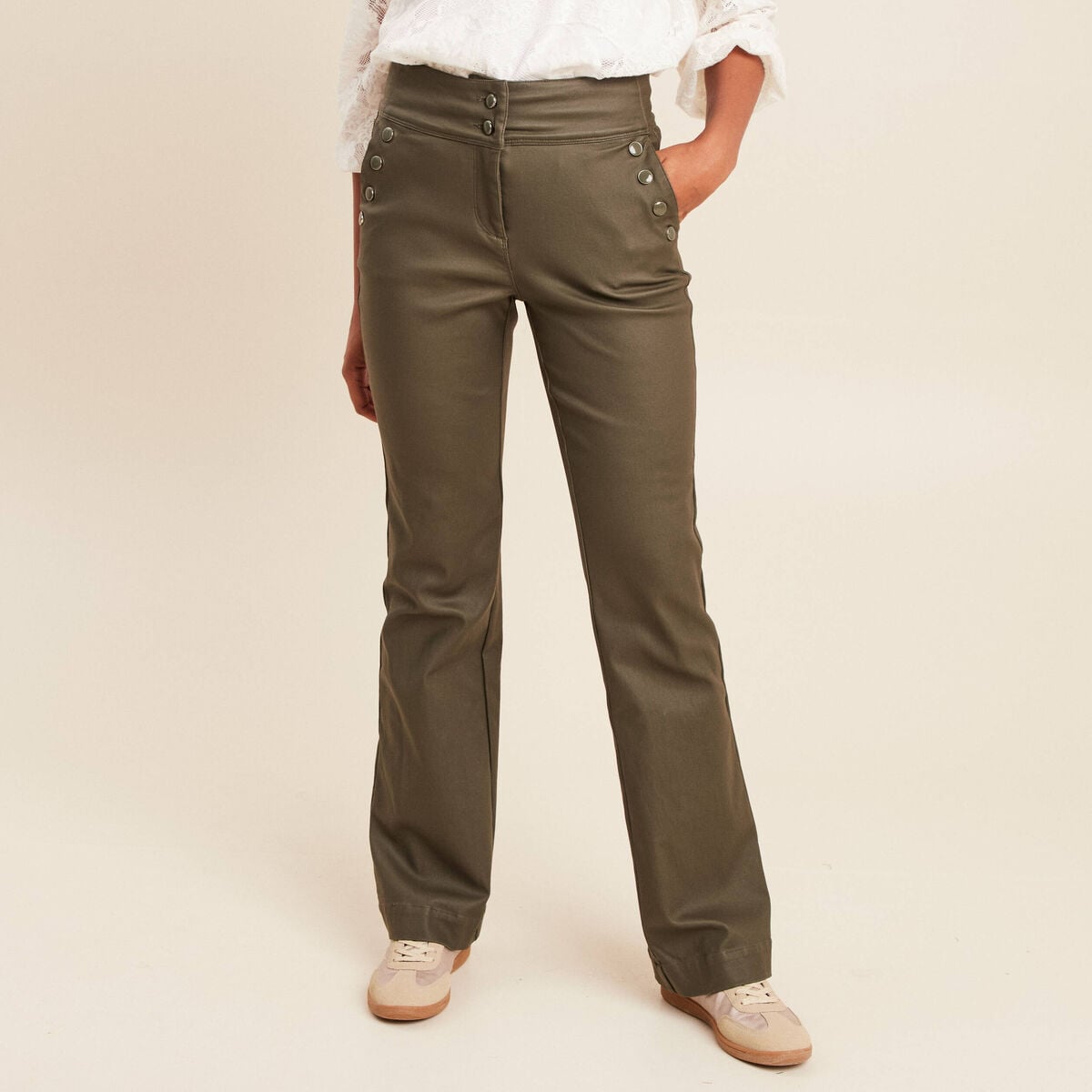 Pantalon bootcut enduit taille haute vert kaki femme