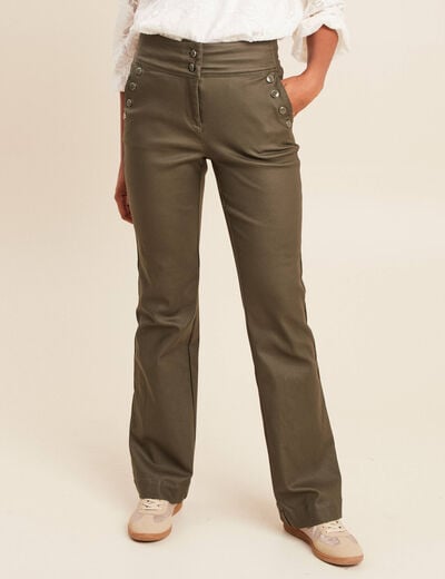 Pantalon bootcut enduit taille haute vert kaki femme