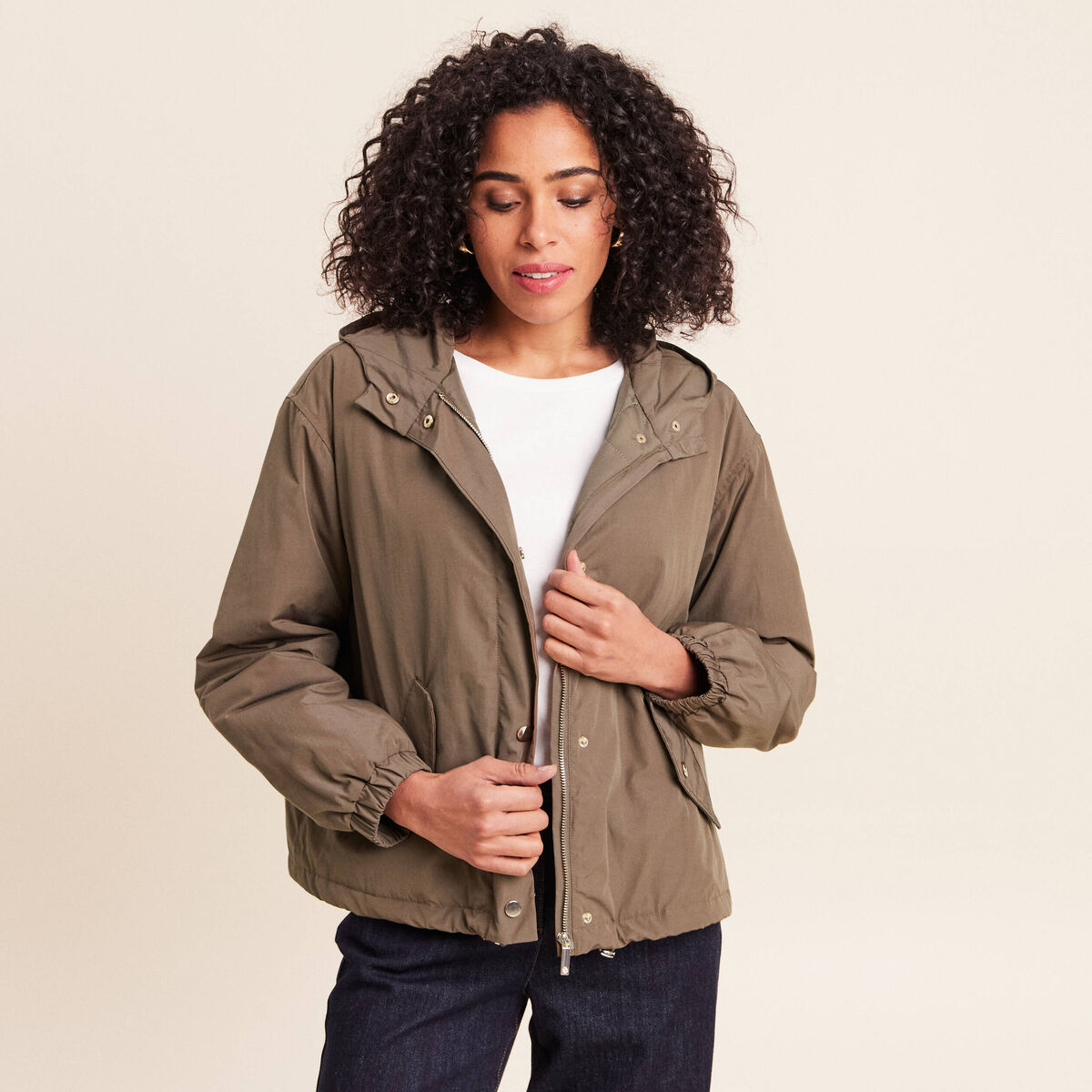 Parka &agrave; capuche doubl&eacute;e manches longues vert kaki femme