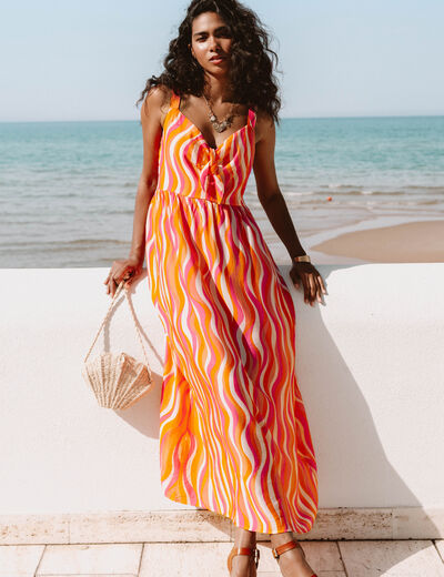 Robe longue &eacute;vas&eacute;e &agrave; fines bretelles orange femme