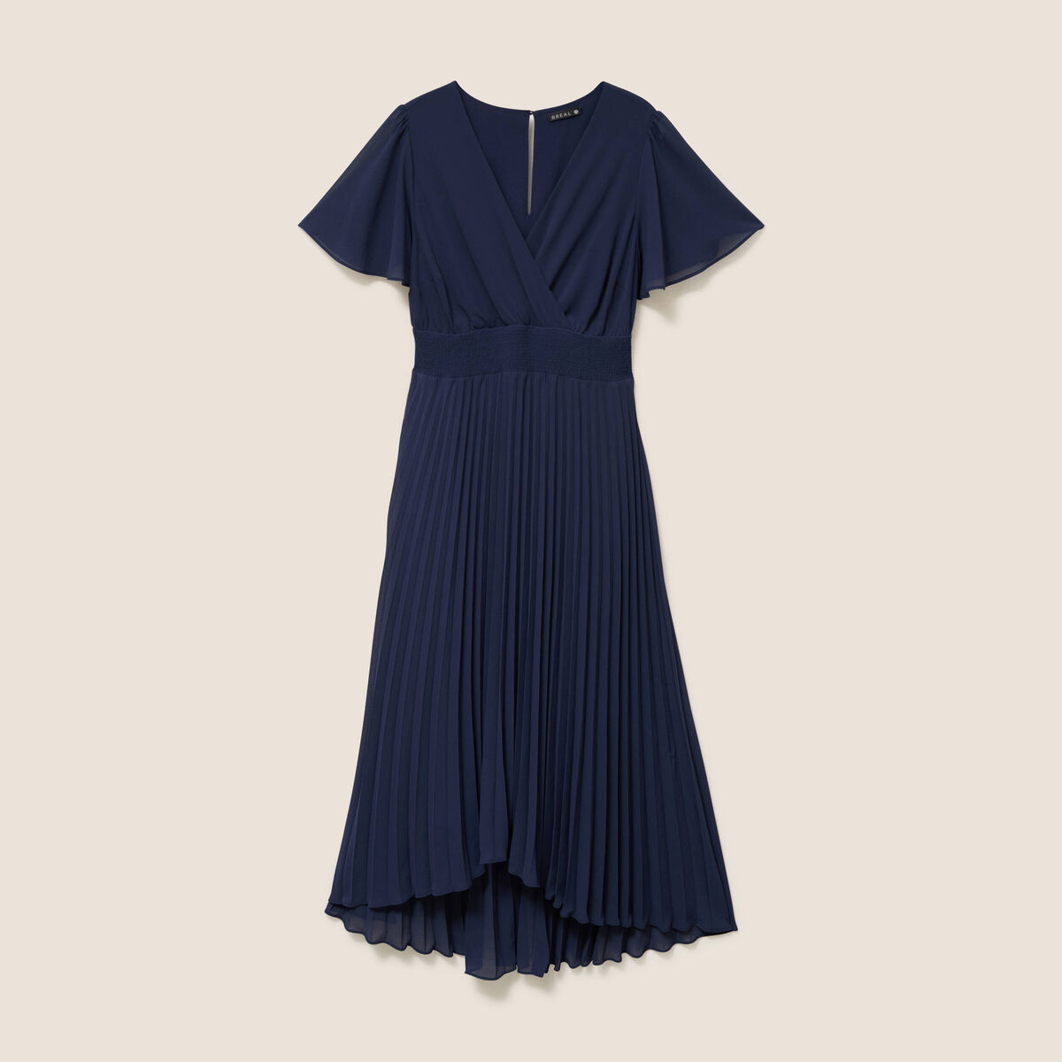 Robe longue &eacute;vas&eacute;e col v manches courtes bleu marine femme
