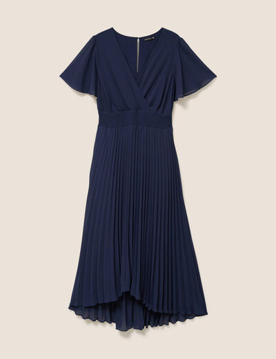 Robe longue &eacute;vas&eacute;e col v manches courtes bleu marine femme