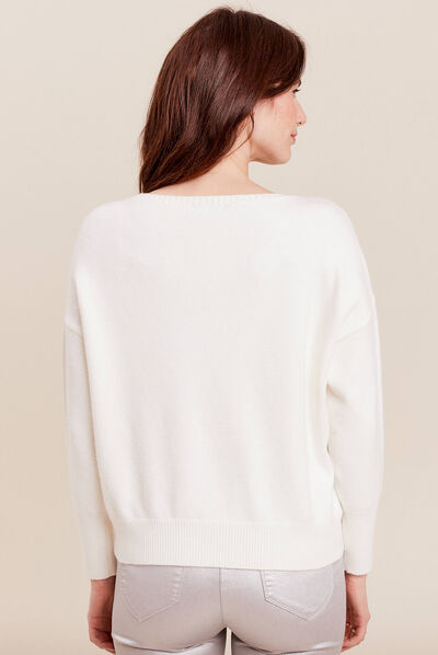 Pull manches longues strass ecru femme