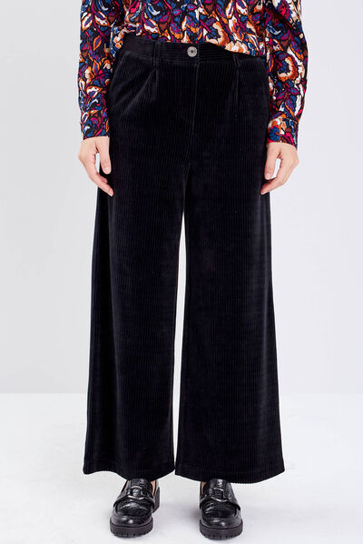 Pantalon large velours noir femme