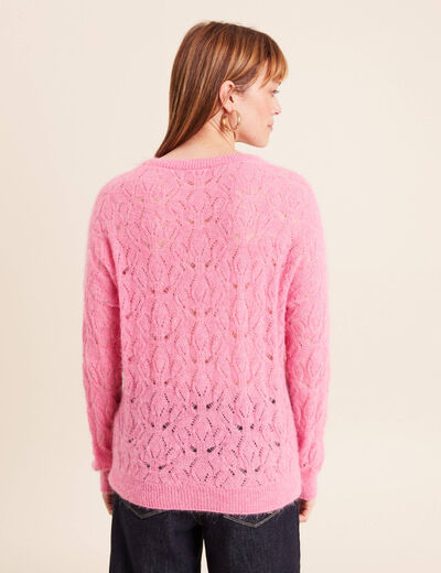 Pull ajour&eacute; col rond manches longues rose fushia femme