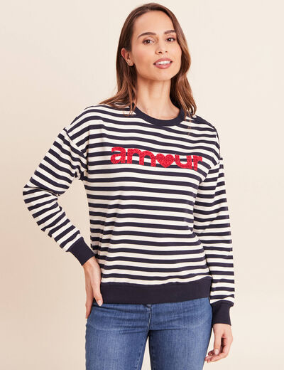 Sweat col rond &agrave; message bleu femme