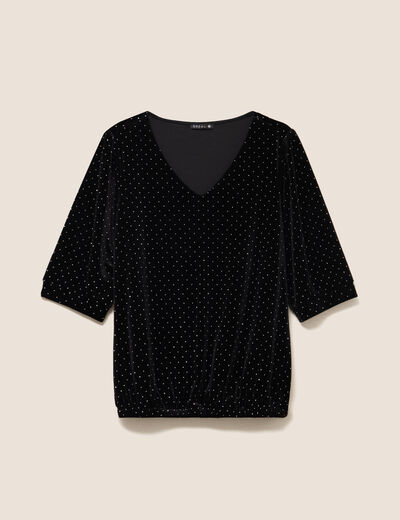 T-shirt velours col v manches 3/4 strass noir femme