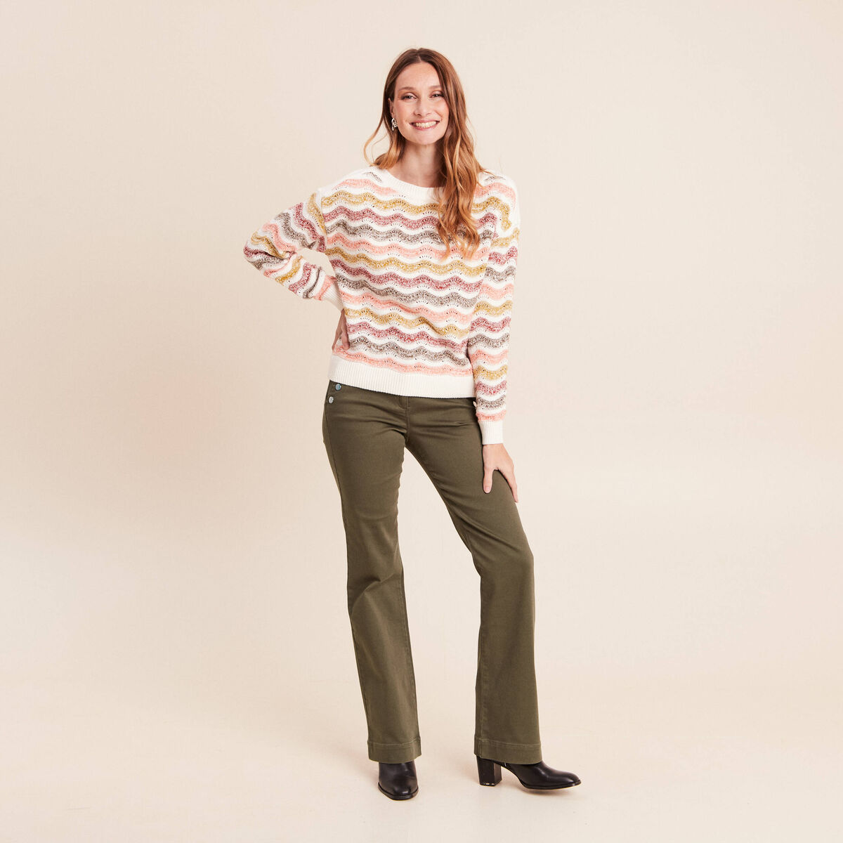Pantalon coupe bootcut &agrave; pont vert kaki femme