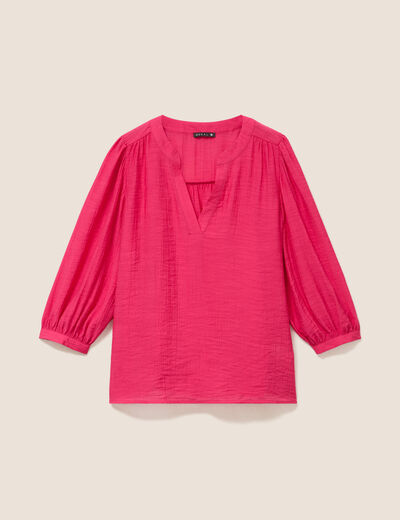 Blouse ample col tunisien manches 3/4 rose fushia femme