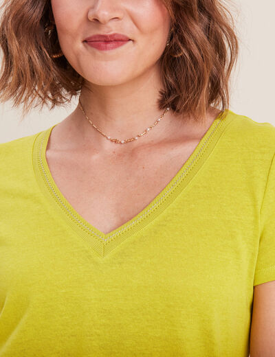 T-shirt manches courtes col en V vert anis femme