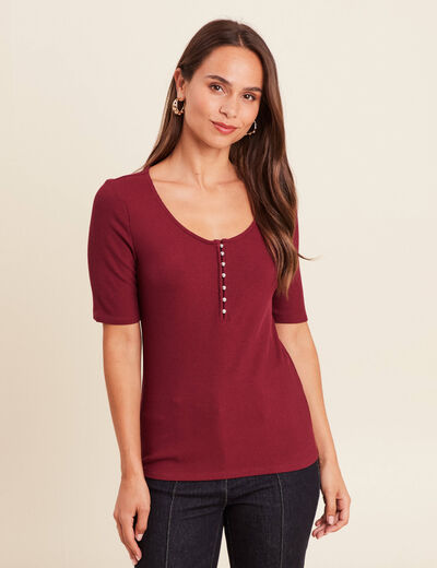 T-shirt cintr&eacute; col v manches coudes bordeaux femme