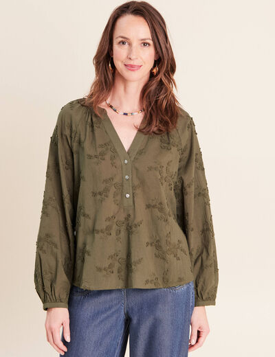 Blouse ample manches longues fluide vert kaki femme