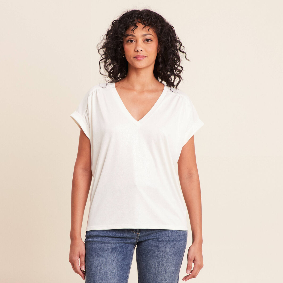T-shirt col v manches courtes brillant ecru femme