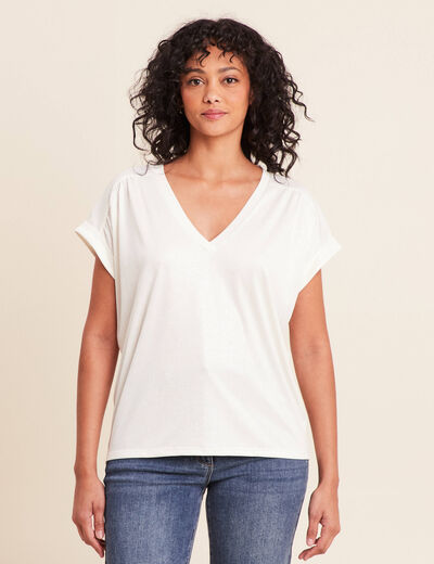 T-shirt col v manches courtes brillant ecru femme