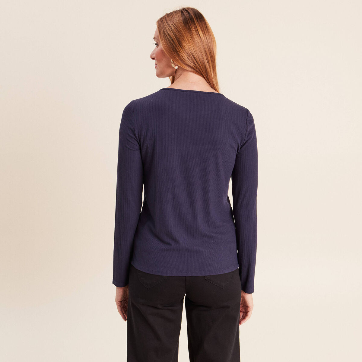 T-shirt ajust&eacute; col rond manches longues bleu marine femme