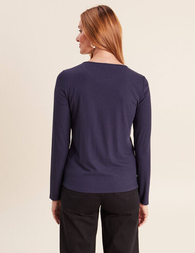 T-shirt ajust&eacute; col rond manches longues bleu marine femme