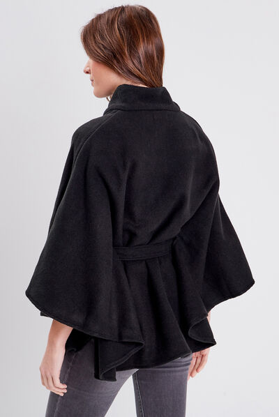 Poncho boutonné ceinturé noir femme