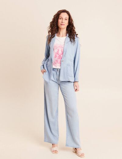 Pantalon large doubl&eacute; fluide denim bleach femme