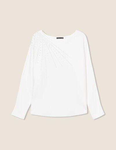 Pull manches longues strass ecru femme