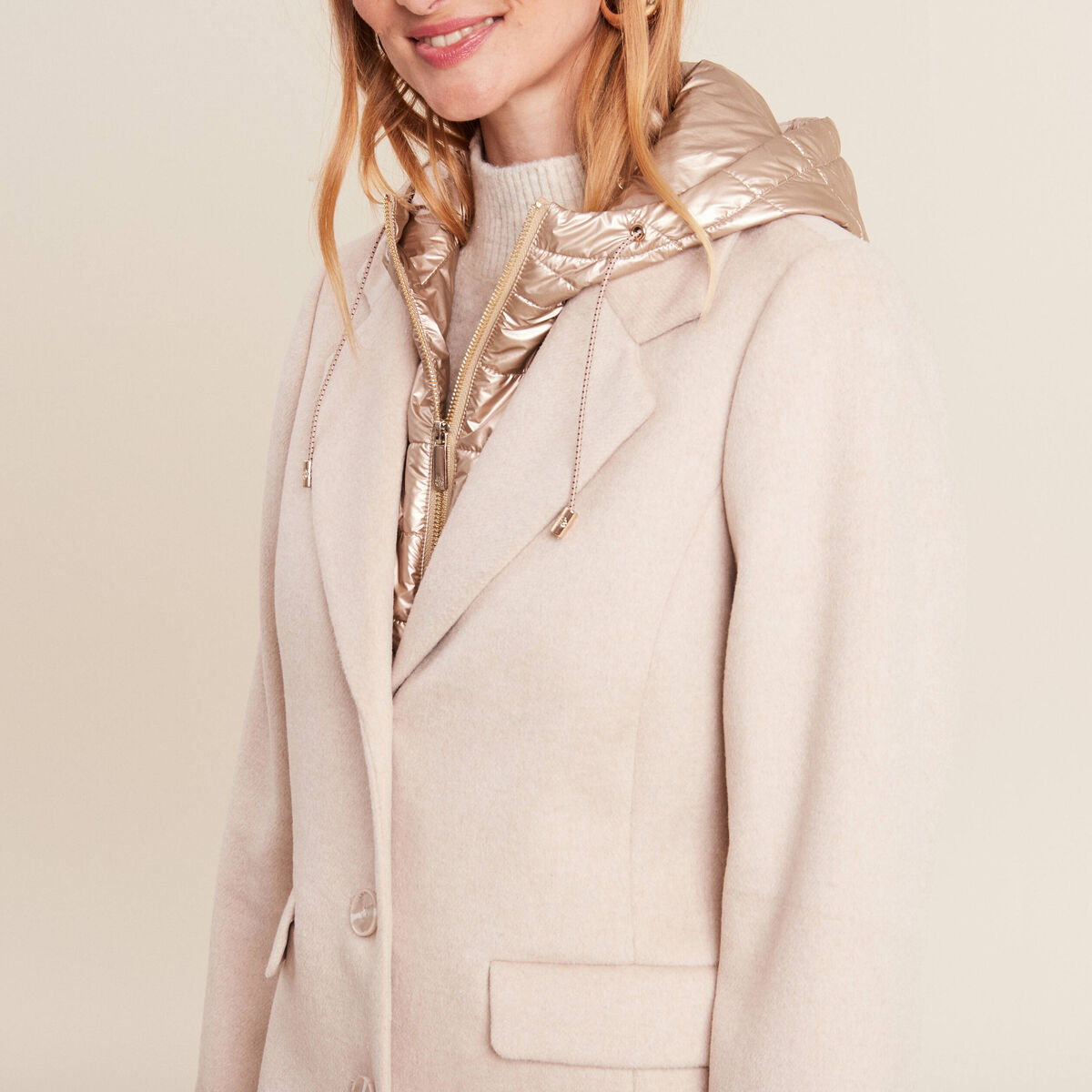 Manteau droit à capuche creme femme