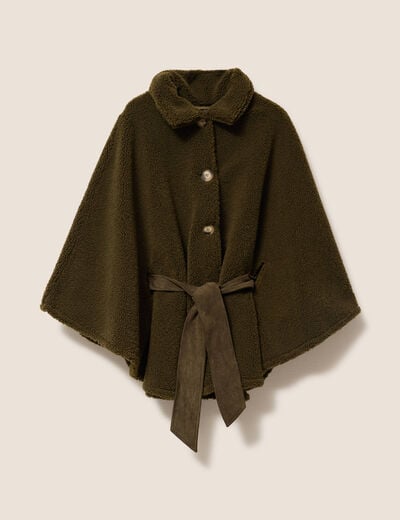 Poncho boutonn&eacute; ceintur&eacute; vert kaki femme