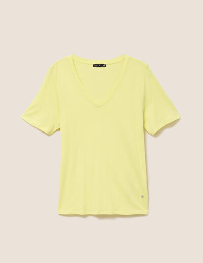 T-shirt col v manches courtes jaune clair femme