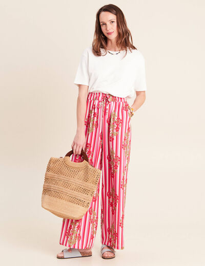 Pantalon large taille haute rose femme