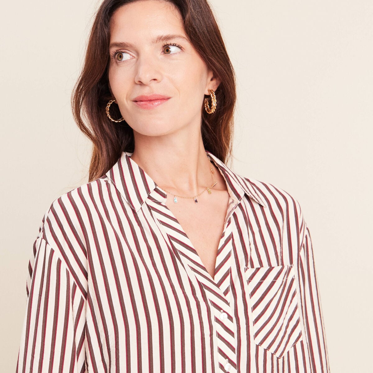 Chemise ample manches 3/4 marron femme