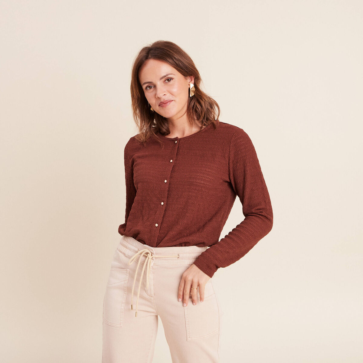T-shirt manches longues aspect dentelle marron femme