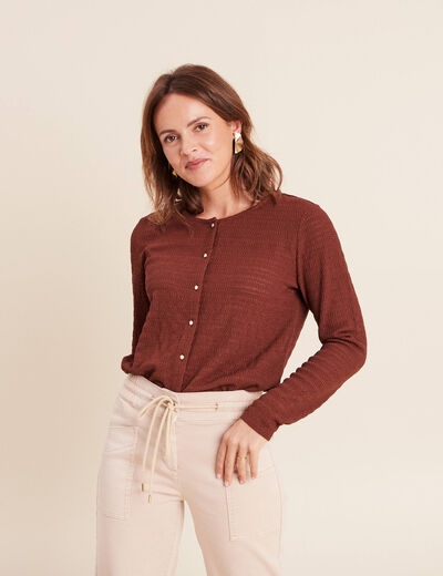T-shirt manches longues aspect dentelle marron femme
