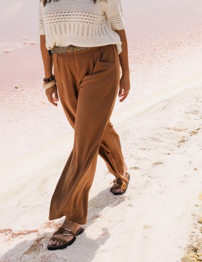 Pantalon large avec ceinture amovible marron femme