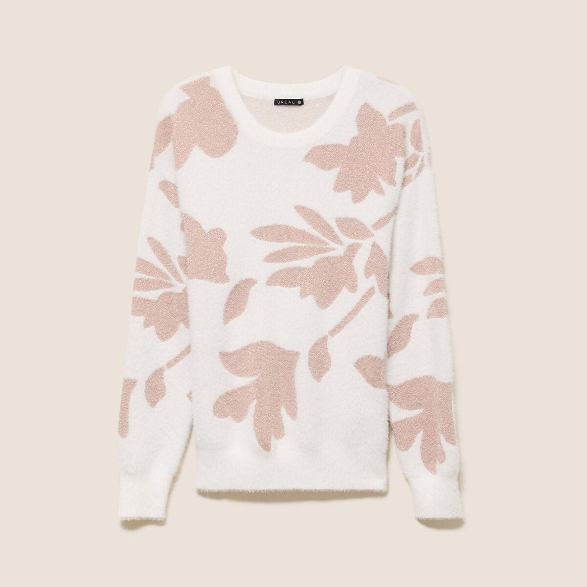 Pull col rond manches longues beige femme