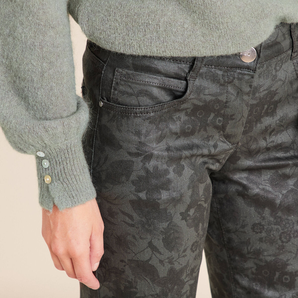 Pantalon taille bascul&eacute;e vert femme