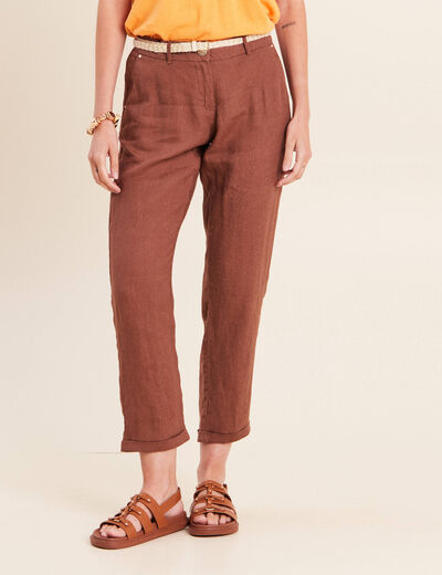 Pantalon coupe chino en lin ceintur&eacute; marron fonc&eacute; femme