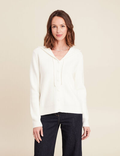 Gilet mi-long à capuche bas resserré ecru femme