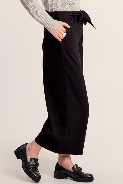 Pantalon large ceinturé noir femme